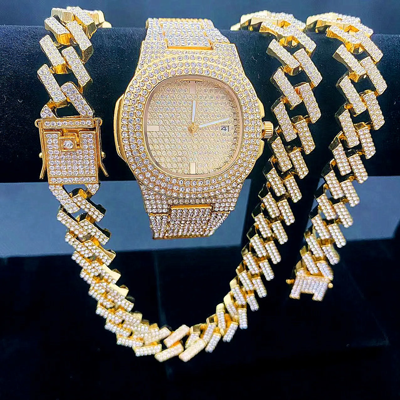 3PCS Iced Out Watches for Men Gold Watch Cuban Link Chains Bracelet Necklaces Diamond Hip Hop Jewelry Set for Men's Watch Luxury