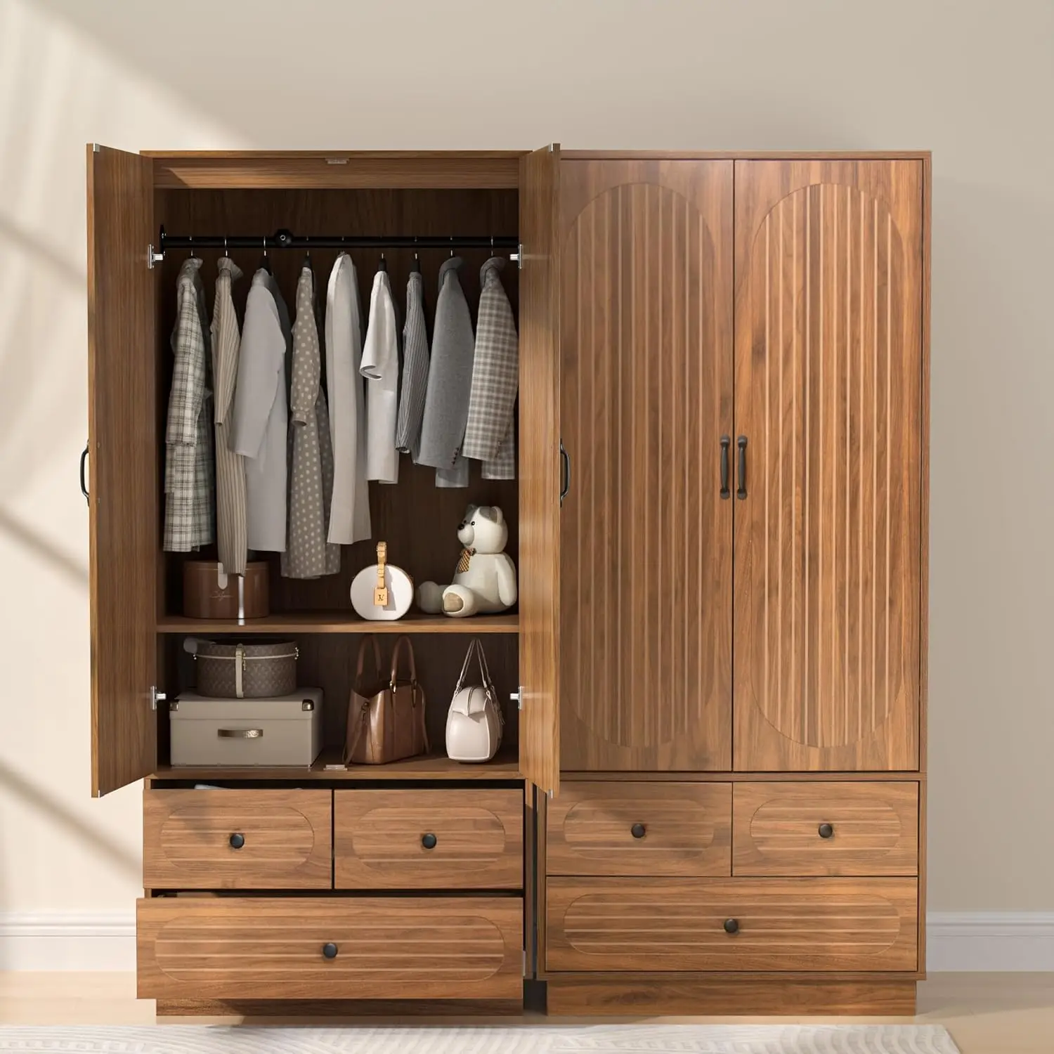 Mid-Century Modern Walnut Armoire w/3 Drawers, Hanging Rod & Shelf - Tall Clothing Storage Cabinet for Bedroom
