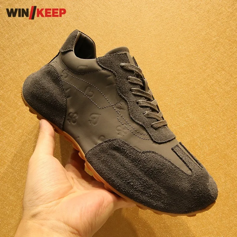 

Autumn New Real Leather Patchwork Sneakers Men Breathable Platform Print Running Shoes Lace Up Outdoor Jogging Sport Shoes Male
