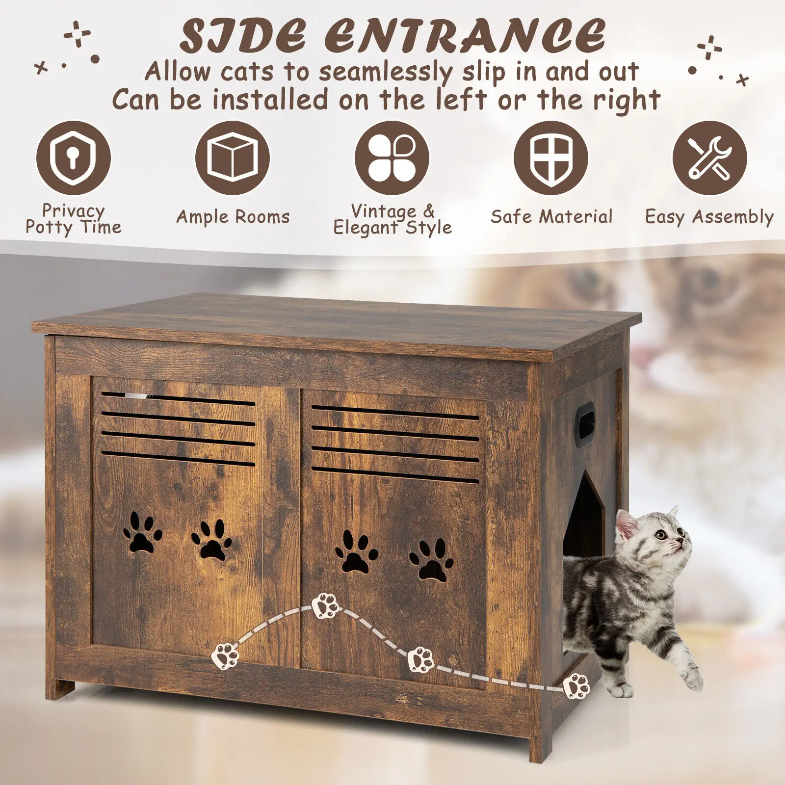 Costway Wooden Cat Litter Box Enclosure Flip-Top Hidden Washroom Bench w/ Side Entrance images - 6