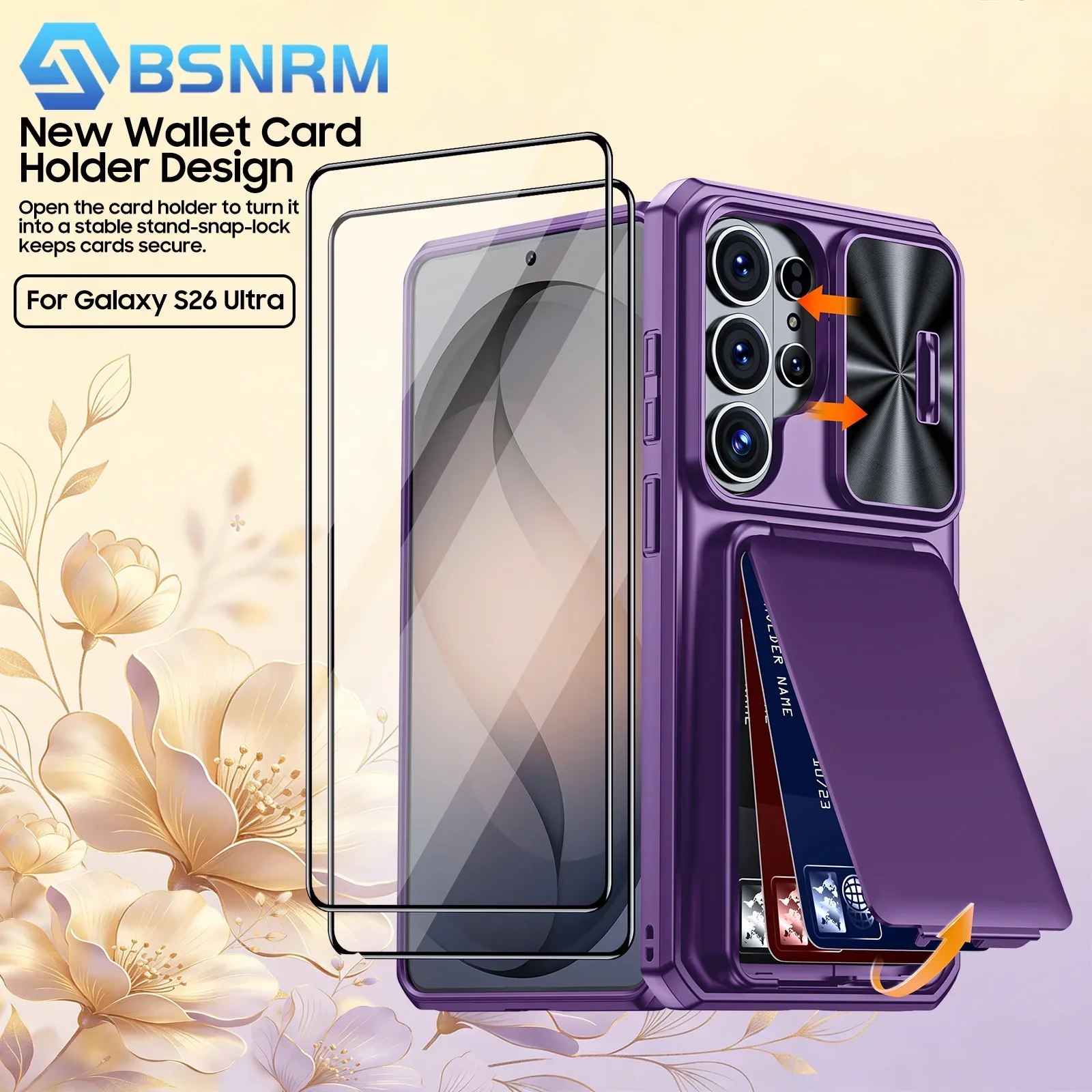 Purple Card Holder Phone Case with RFID Blocking, Slide Camera Cover & Heavy Duty Wallet Protection