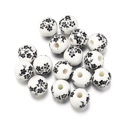 Set of 50 Round Floral Ceramic Porcelain Beads - 10mm 50pcs (Black Flower)