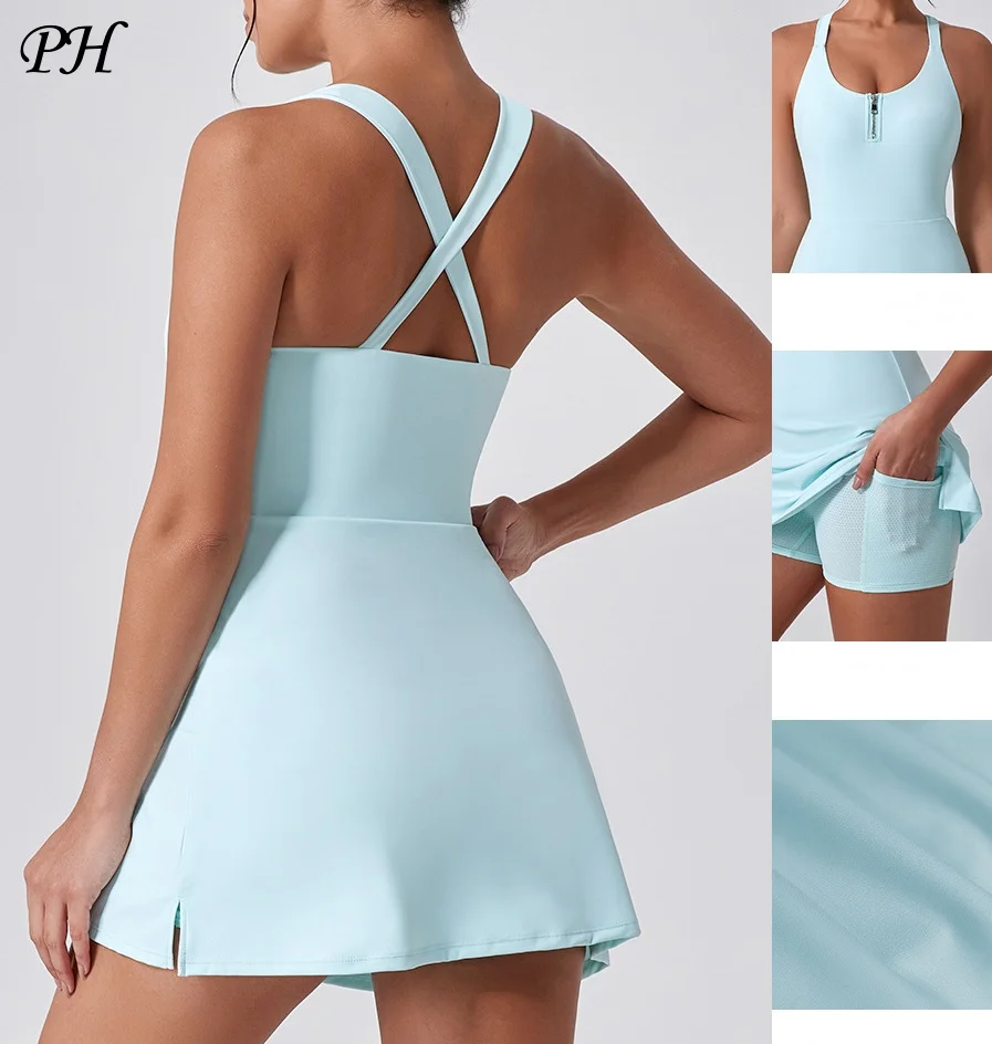 Nude Sport Dress Women Golf Tennis Yoga One-piece Dress Summer Fitness Sportswear Set Quick Dry Golf Dance Skirt Leisure Skirts
