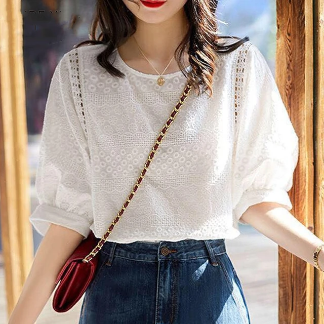 2023 Fashion Summer Embroidery Cotton Lace O-neck Casual Blouses New Korean Women's Lantern Sleeve Loose Shirts Clothes 13440 1