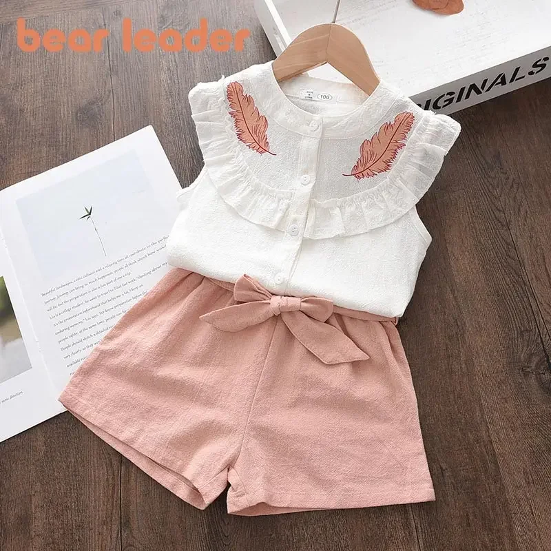 Bear Leader Kid Baby Girls Feather Clothes Sets Summer Sleeveless Tops Bandage Shorts Fashion Lovely Clothing 2-7 Years Girls Clothing Set