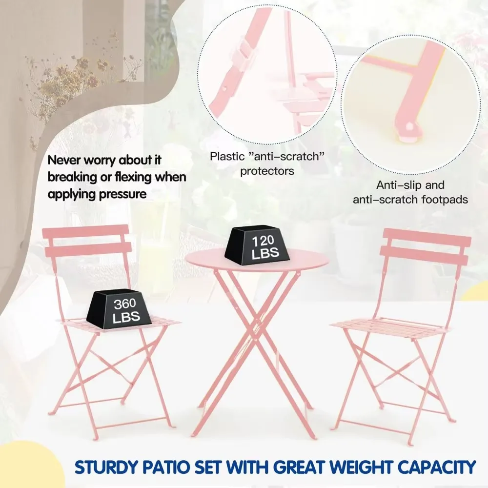 3-Piece Bistro Table and Chairs, Wrought Iron Bistro Set, Anti-Rust, Waterproof Folding Cafe Table and Chairs Set of 2, Foldable 6