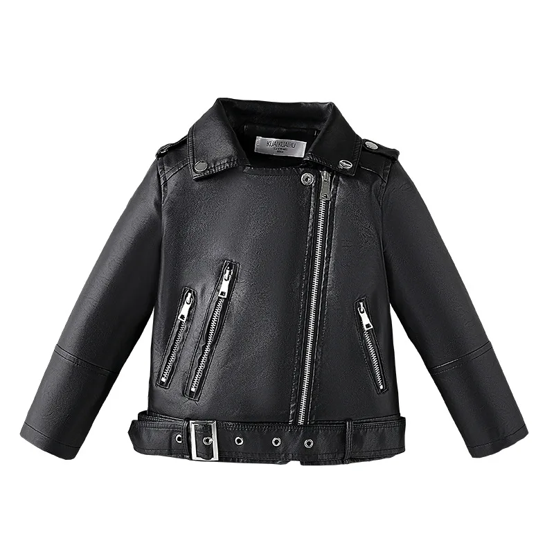 

Girls Leather Motorcycle Jacket Children's Fashion Belt Faux Leather Coats 2022 Autumn Kids Zipper Tops