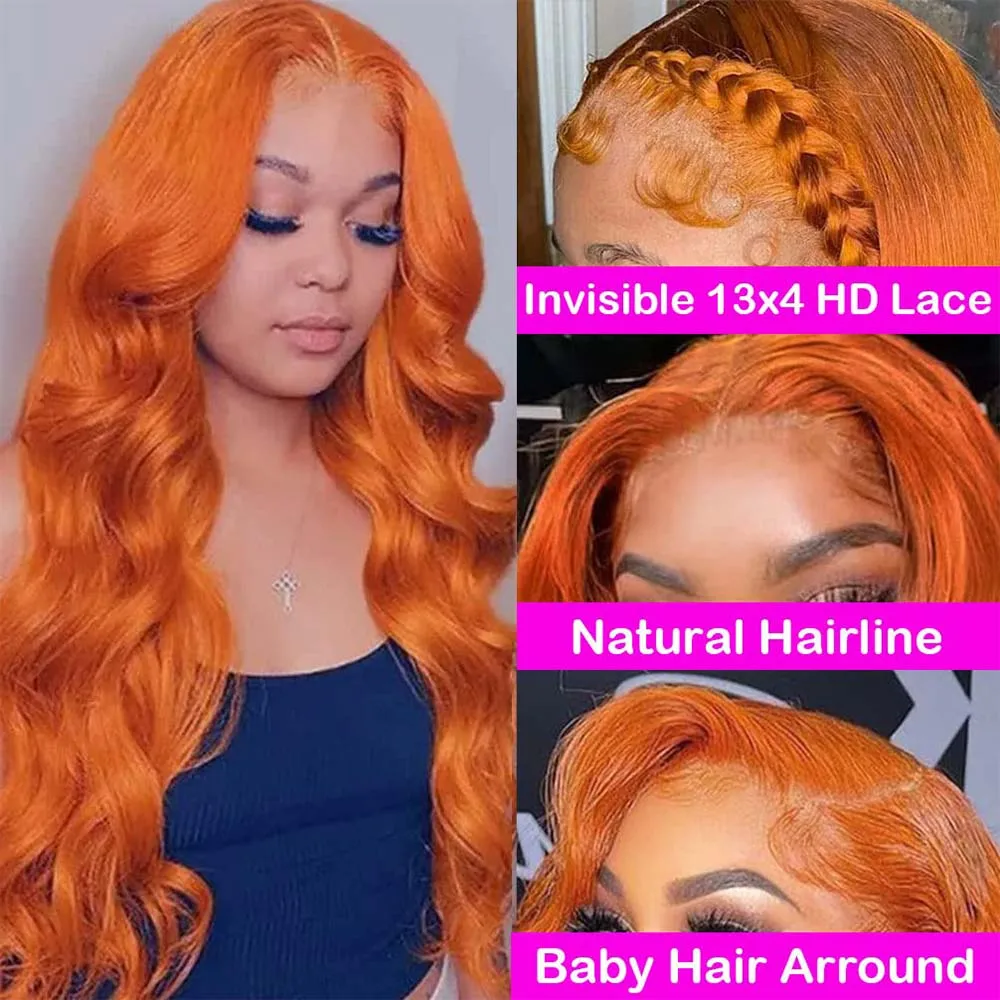 

13X4 Orange Ginger Lace Front Wigs Pre Plucked Body Wave Wig Brazilian Colored Virgin Wigs for Black Women Invisible Taiill