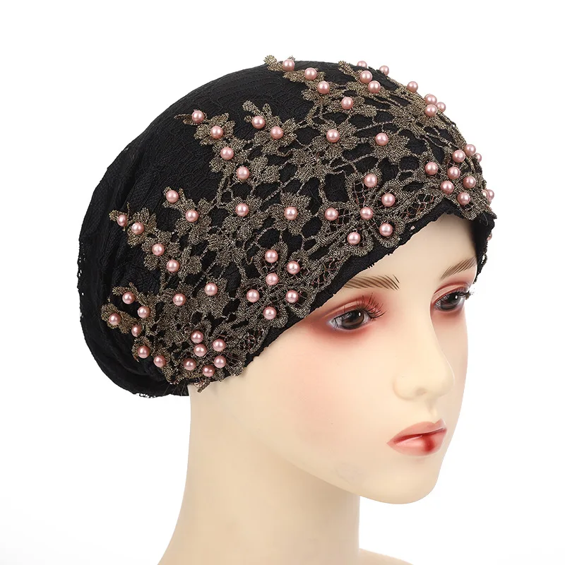 

New Retro Lace Hat Plum Flower Beads Hui Mother Hat Hollow Cloth Pearl Turban Cap Ethnic Wind Spring And Summer