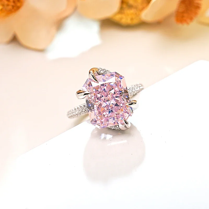 

Light Luxury Super Sweet Pink Diamond 925 Silver Rectangular Ring Set with High Carbon Diamonds, Radiant, Ice Cut Jewelry