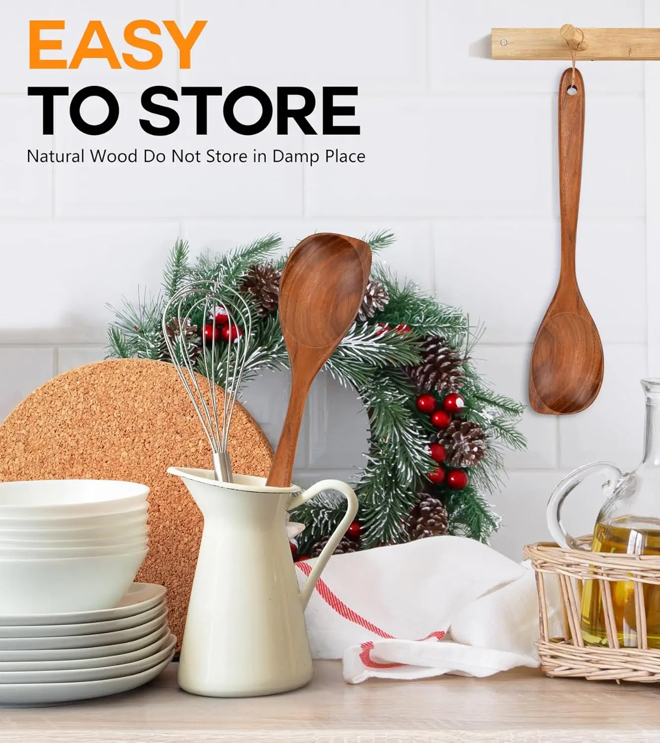 Natural Teak Wood Cooking Spoons Set, Heat Resistant Utensils with Corner Design for Nonstick Cookware Kitchen Gifts 6