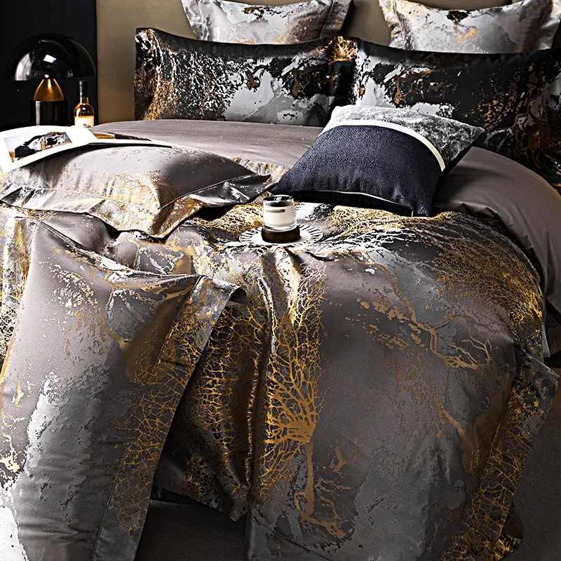 Egyptian Cotton Black Duvet Cover Set Satin Jacquard Luxury Silk Like Bedding Comforter Cover with Zipper Bed Sheet Pillowcases - Image 3