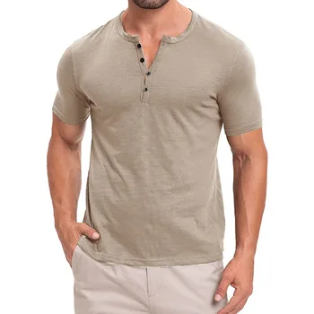 Summer New Men's Cotton T-shirt Button Design Short-sleeved Solid Color Henley Neck Tops Slim Fit Comfortable Casual Tees