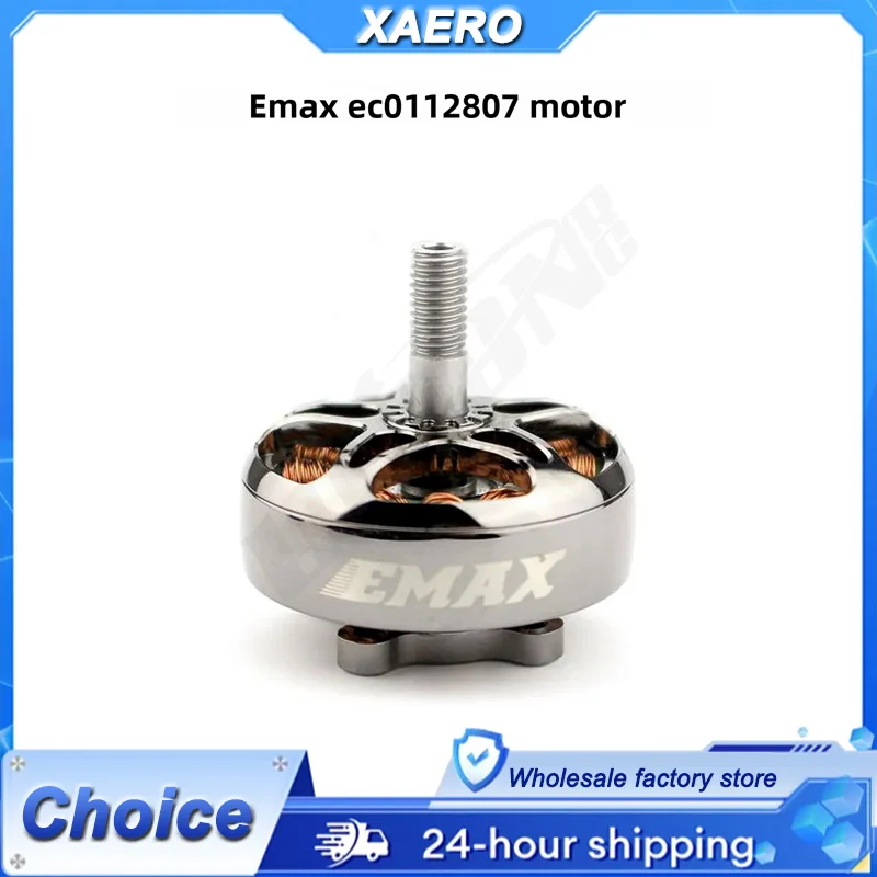 Vue rapprochée du Moteur EMAX ECO II 2807 1300KV, montrant son stator et son axe en métal.