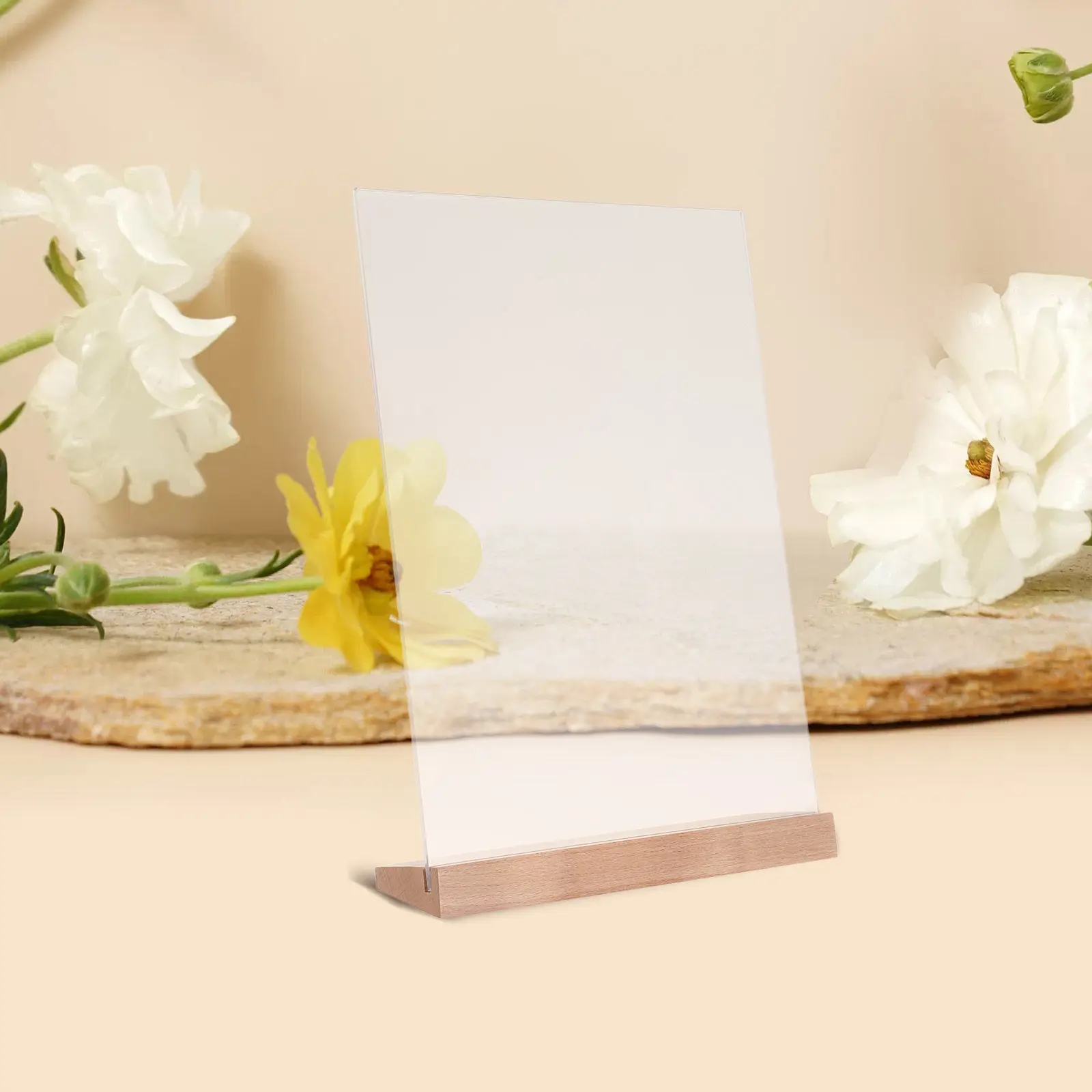 3Pcs 테이블 사인 홀더 L 모양 투명 아크릴 디스플레이 나무 베이스 독립형 메뉴 스탠드 데스크탑 포스터 홀더 A4 크기
