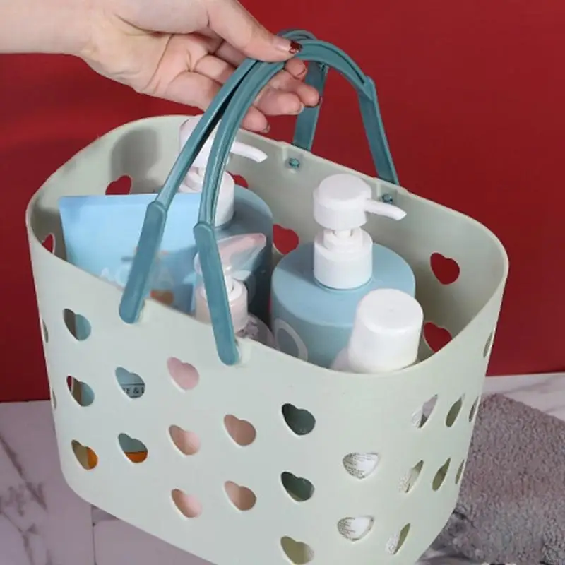 G5AB Portable Shower Tote Heart Shaped Hollow Plastic Storage Basket with Handle Box Bin Shower Accessories