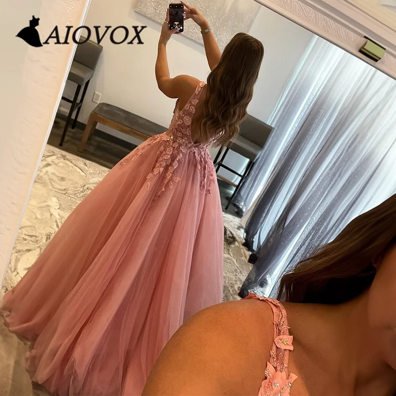 AIOVOX A-lineProm Dress Lace Appliques Elegant Illusion Vneck Side Evening Gown Backless Floor-length Vestido De Noche for Women