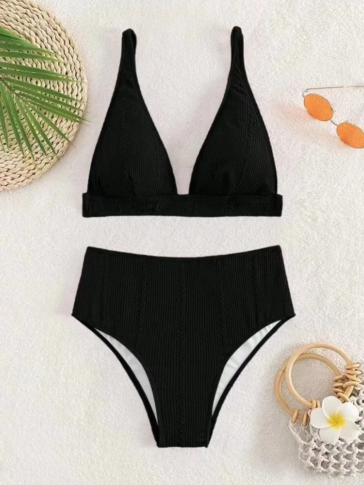 Bikini Sexy Women Swimsuit 2023 White Textured Bikinis Set V Neck High Waist Swimwear Summer Biquini Beach Bathing Suit Female