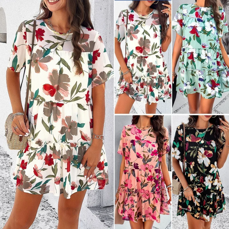 

DY-DressTemu2024Spring and Summer Leisure Holiday Floral Print Short Sleeve Dress