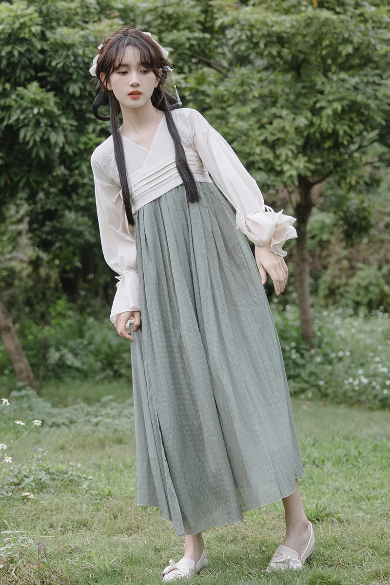 

2023 New National Style Girl Han Elements Chest Dress Women Jacket and Dress Wide Sleeve Bell Sleeve Fake Two-Piece Dress Woman