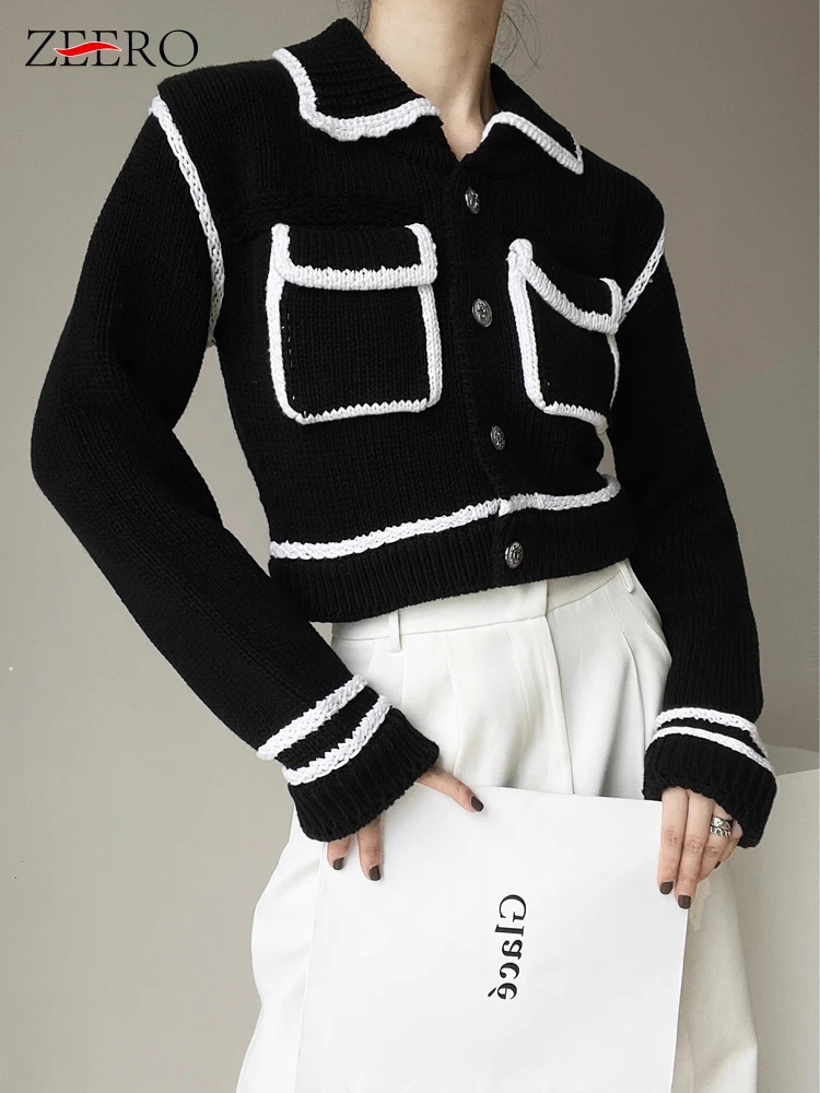 

Корейский винтажный кардиган в полоску с карманами на осень и зиму, вязаное пальто, однобортный характерный свитер, куртка, укороченные топы, трикотажная одежда