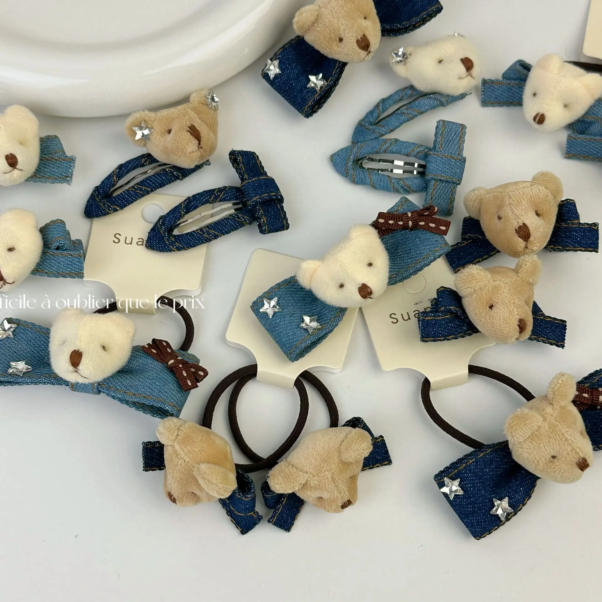 

Korea Cute Blue Plush Bear Hair Clips Ropes Animals Elastic Hair Bands Set Wholesale Cartoon Fluff Bear Hairpins Barrettes Gifts