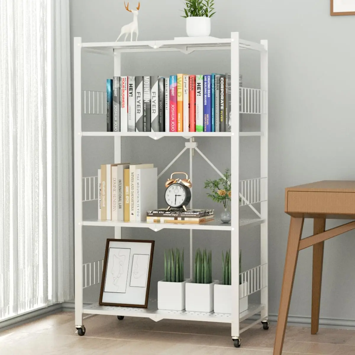 

Folding Storage Shelves, 3/4/5-Tier Metal Collapsible Shelves with Wheels, Shelving Units and Storage Rack, No Assembly