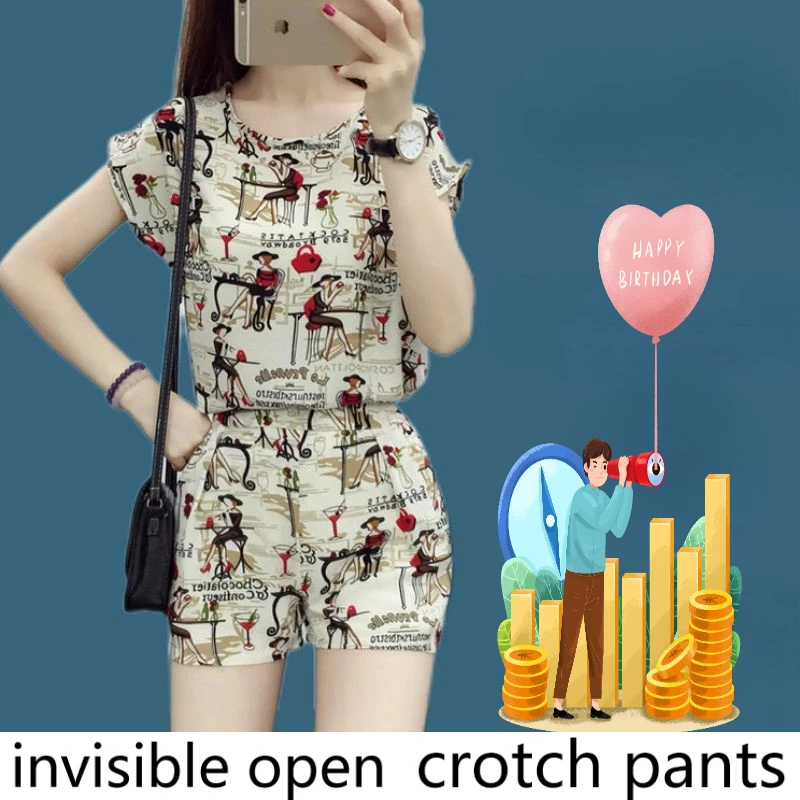 

Invisible Open-crotch pants 2023 female summer fashion new wide leg short sleeve shorts two-piece set for outdoor convenience