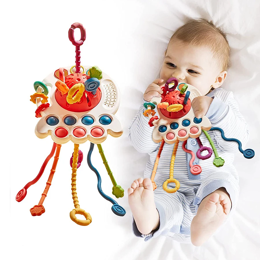 Oueyes Montessori Toys for Babies 6-12 Months Baby Sensory Toys Teething  Toys 12-18 Months Pull String Activity Toys Sensory Toys for Toddlers 1-3