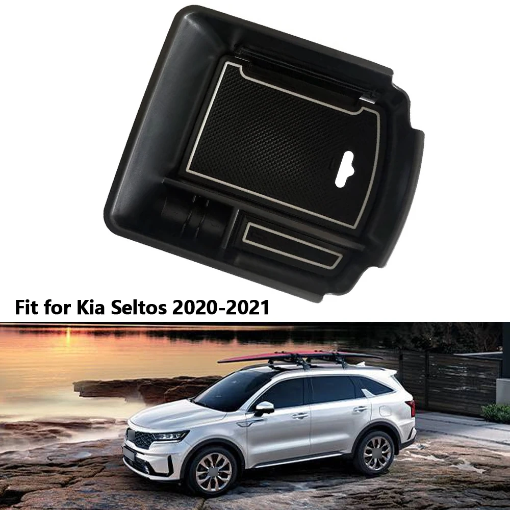 

Автомобильный внутренний ящик для хранения, лоток-органайзер для консоли с нескользящим ковриком для Kia Seltos 2021, черный подлокотник, аксессуары для хранения