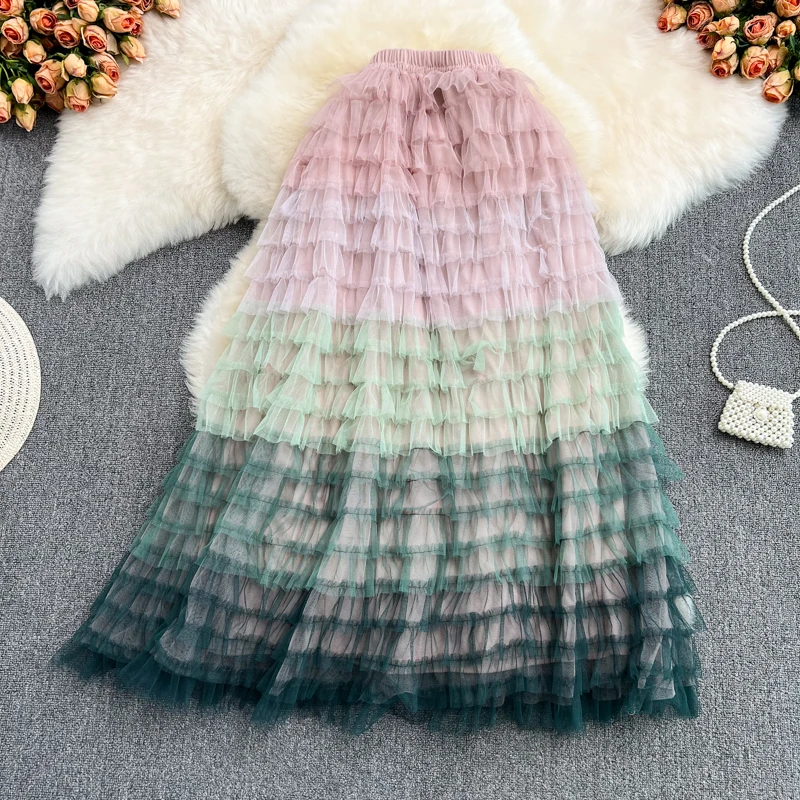 2022 Summer New Fairy Skirt Elastic Waist Rainbow Gradient Mesh Skirt High Waist Fluffy Cake Skirt Mid-length Skirt Trendy tartan skirt