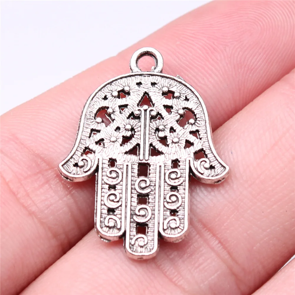 10pcs 파티마 핸드 Hamsa 팜 보호 티베트어 청동 실버 컬러 펜던트 골동품 만들기 DIY 수제 공예