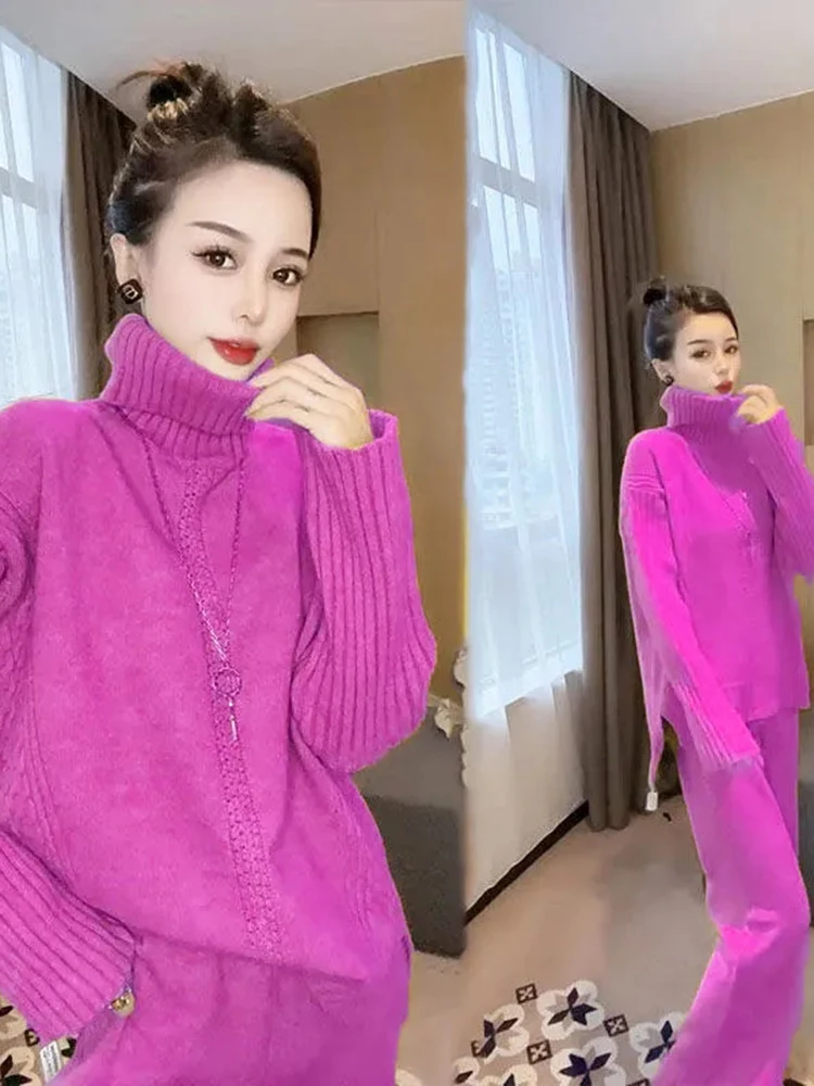 Casual Soft Turtleneck Pullover Sweater 2 Piece Set Korean Knitwear Pull Sweater Top Conjunto Baggy Wide Leg Knitted Pant Outfit