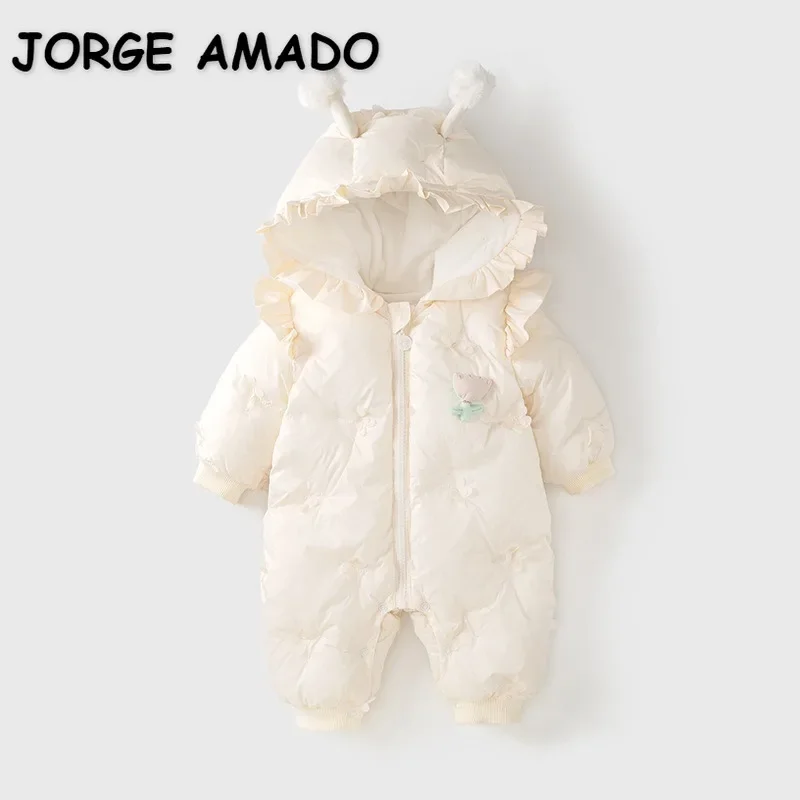 

New Winter Baby Girl Romper Long Sleeves Tulip Appliques Zipper Hooded Thick Fleece Parkas Jumpsuit Newborn Playsuit E23971