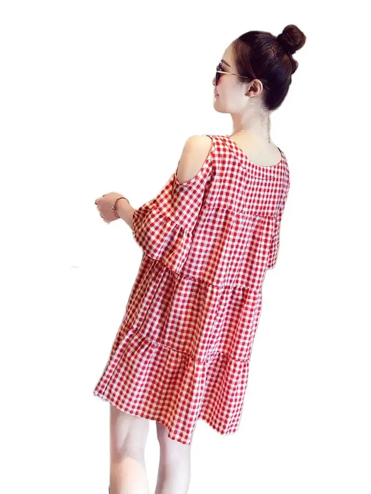 Summer Loose Pregnancy Shirts Shoulderless O-neck Maternity Plaid Blouses Plus Size Cotton Linen Pregnant Women's Clothes