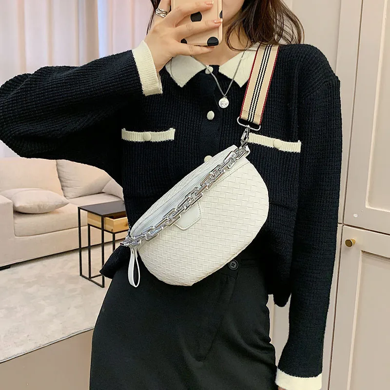  Thick Chain Women's Fanny Pack Plaid leather Waist Bag  Shoulder Crossbody Chest Bags Luxury Designer Handbags Female Belt Bag  (Black)