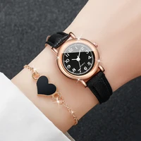 2PCS/Set Fashion Small Dial Women Watches Leather Band Quartz Watch Heart Bracelet Set（Without Box） 2