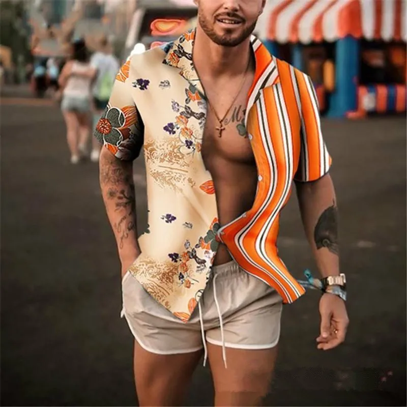 

Мужская пляжная рубашка в полоску, повседневная гавайская рубашка большого размера с короткими рукавами, в сочетающихся цветах, лето 2023