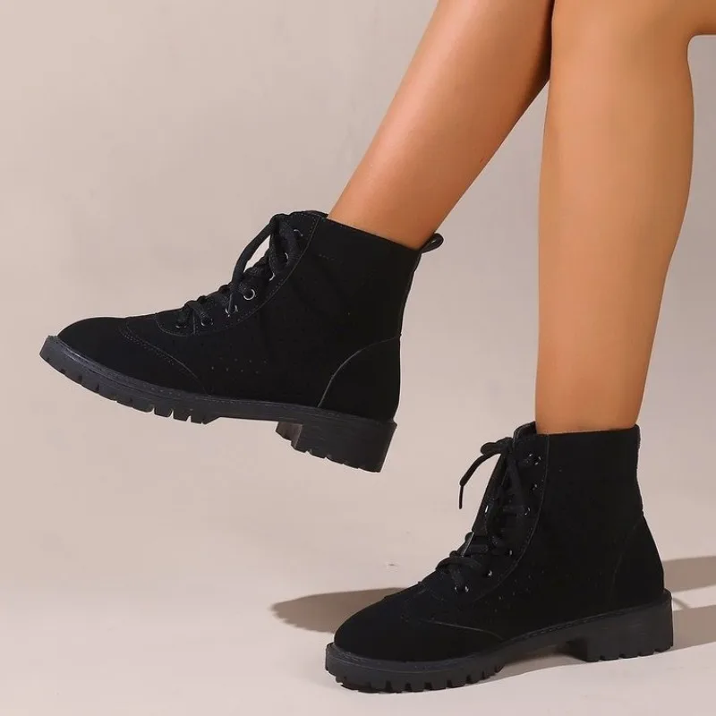 2023 Winter Casual Shoes for Female Front Lace-up Women's Ankle Boots Square Heel Low Heel Women's Shoes Plus Size Ladies Boots