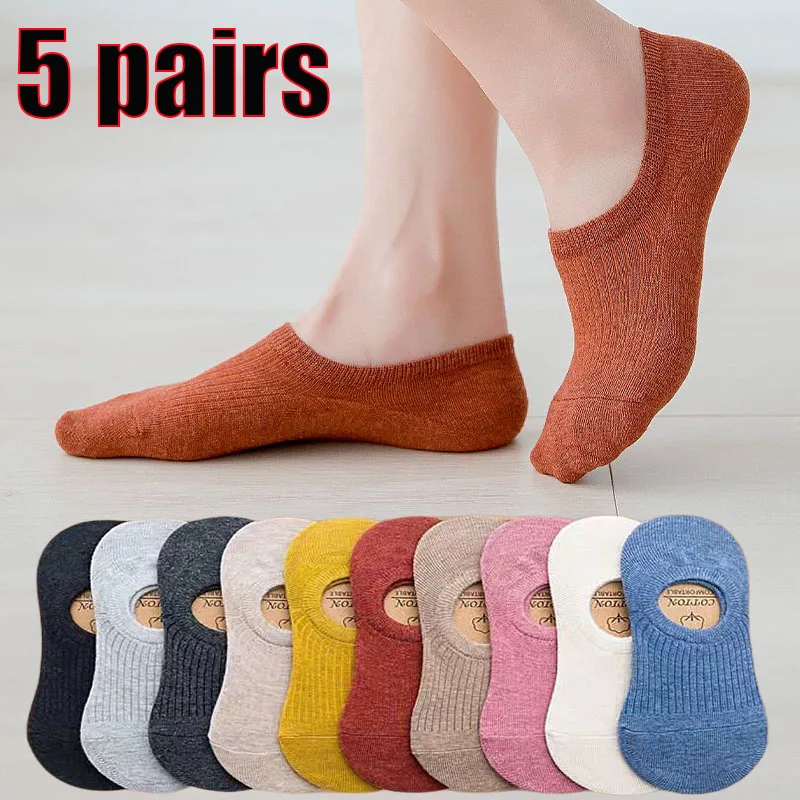 5pairs Women Invisible Boat Socks Summer Ultra-thin Cotton Sock Breathable Silicone Non-slip Ankle Low Girls Sox Calcetines