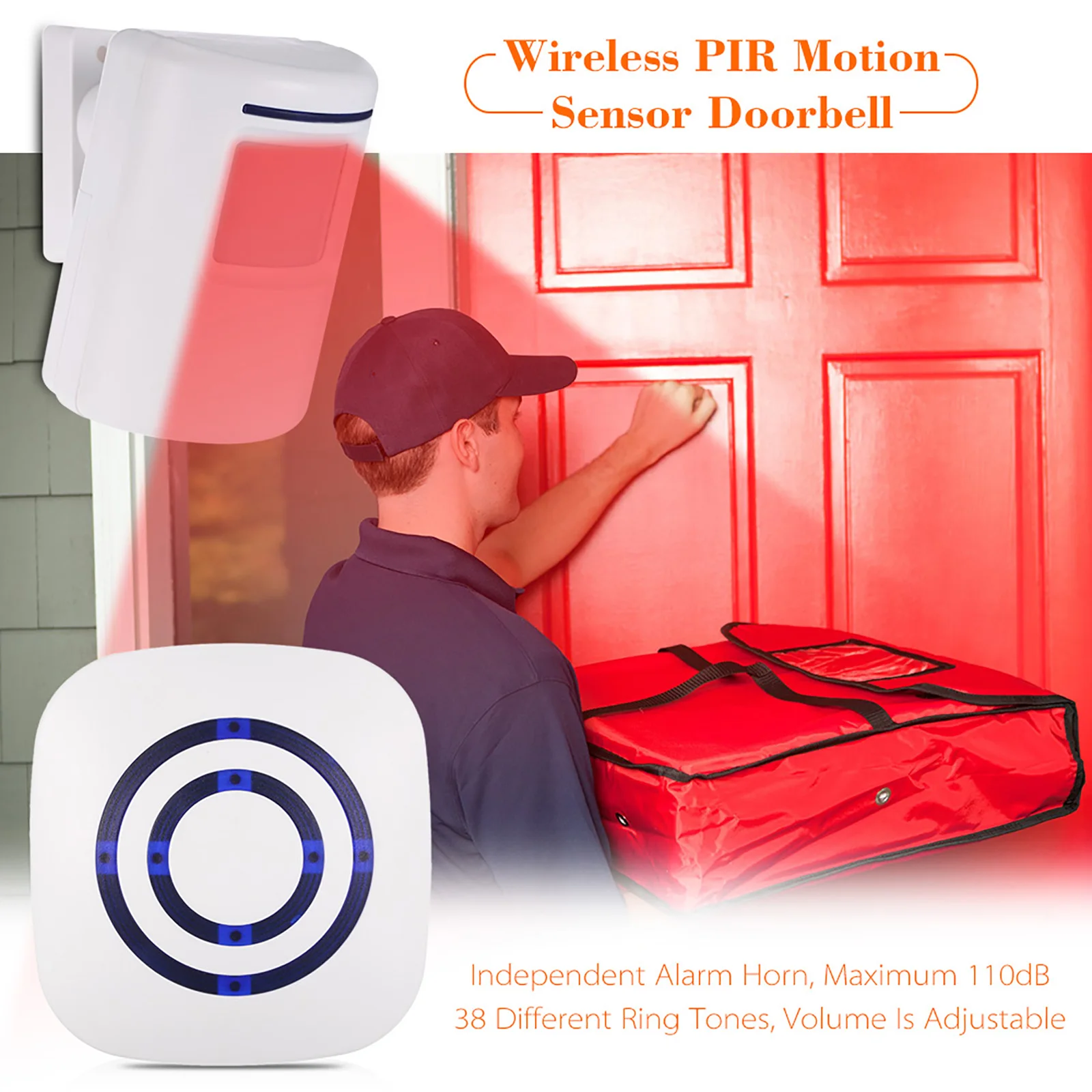 Wireless PIR Motion Sensor Doorbell 38 Chimes Volume Adjustment Long Transmission Range Doorbell