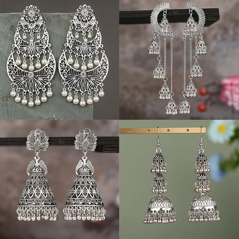 

Индийские серьги Jhumka Jhumki в этническом стиле, винтажные Длинные Серьги серебряного цвета, ювелирные изделия в стиле бохо, 4 пары