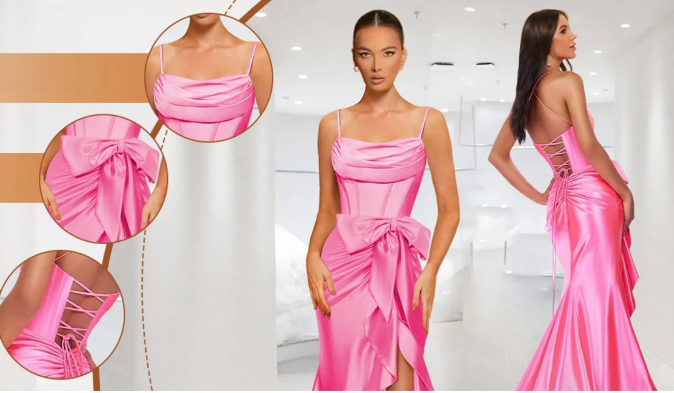 Spaghetti Straps Satin Prom Dresses for Women Mermaid Evening Gown Split off Shoulder Cocktail Dress with Bow Guest Dress 6