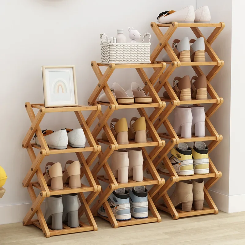 2-6 Tier Installation Free Bamboo Shoe Rack for Home Use, Simple Breathable Shoe Shelf, Multifunctional Foldable Storage Rack