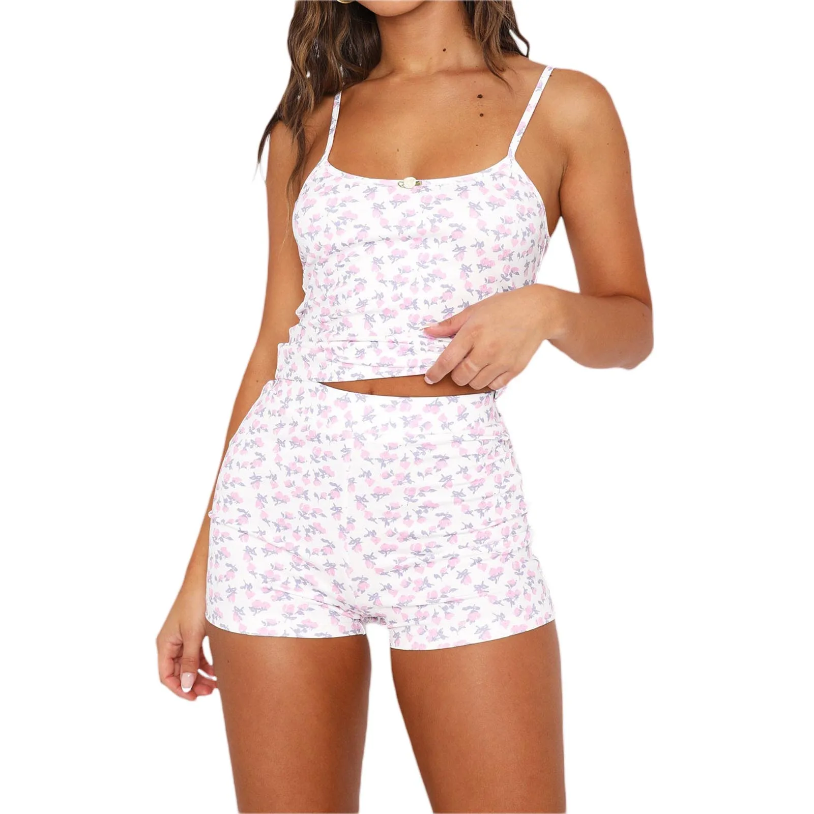 

Women 2 Piece Summer Outfits Cute Floral Print Crop Cami Tops + Shorts Pants Set Loungewear Female Casual Loungewear Tracksuit