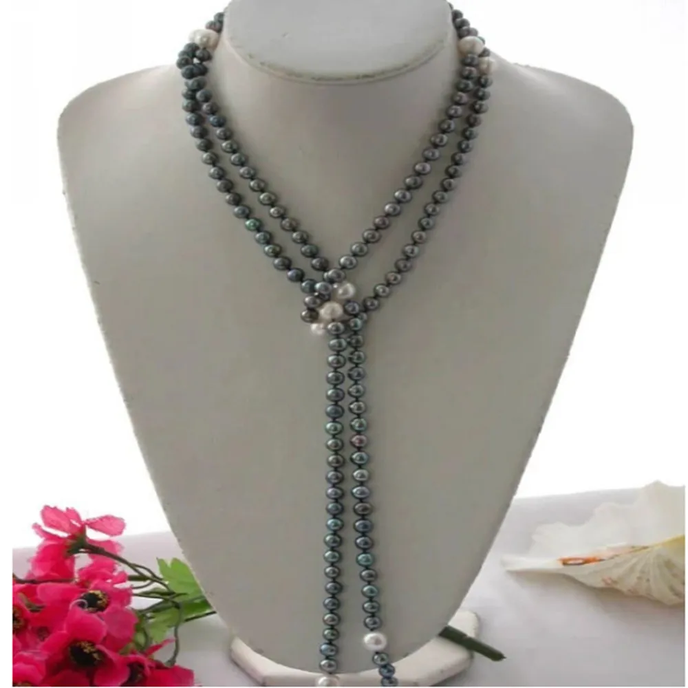 

Hand knotted necklace natural 7-8mm white 6-7mm black freshwater sweater chain nearly round pearl 65inch for women jewelry