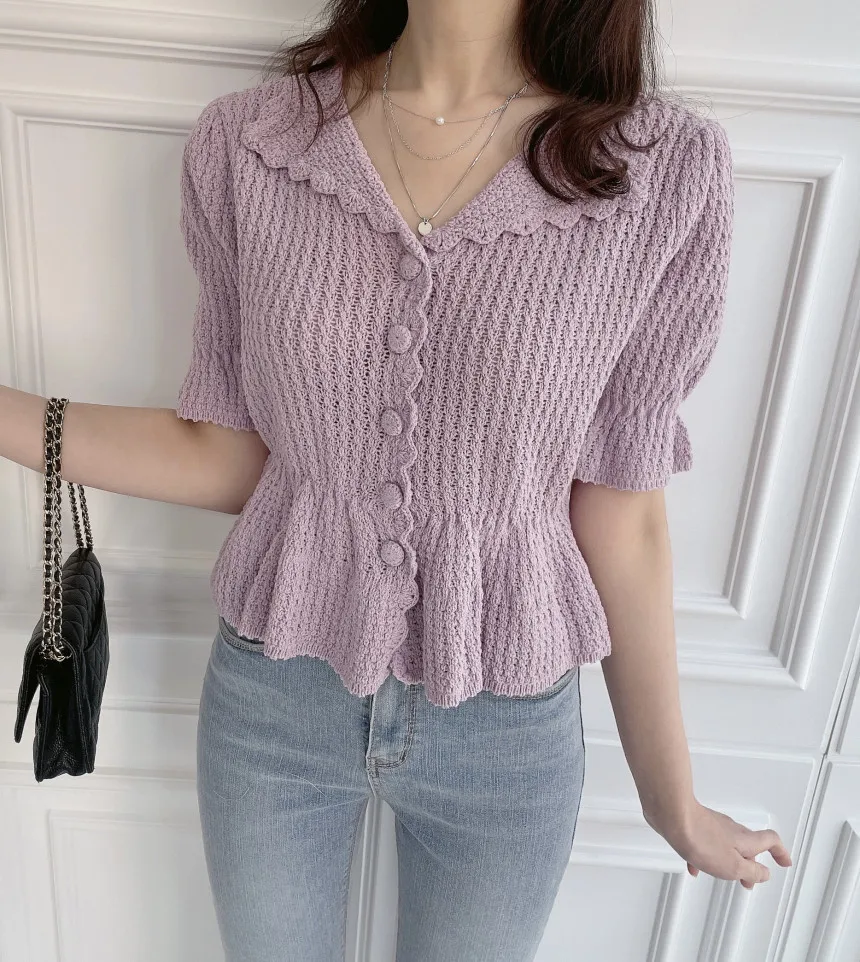 long cardigan Kimotimo Puff Sleeve Knitted Cardigan Women Retro Wave Edge Lapel Waist Tops Korean Chic Sweet Solid Hollow Out Short Sweater christmas sweaters