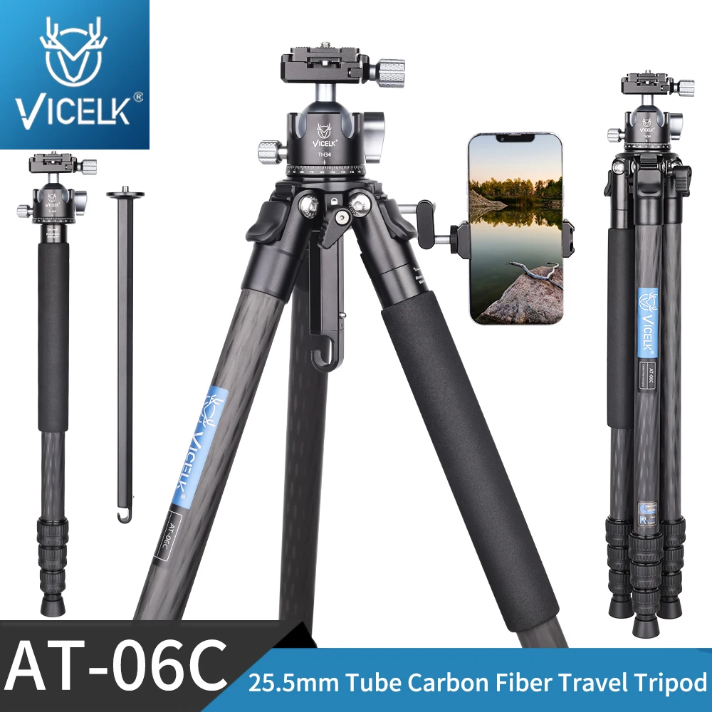 VICELK AT-06C 소형 탄소 섬유 삼각대, DSLR 카메라 용 25.5mm 튜브 전문 여행용 삼각대 모노 포드 최대 부하..