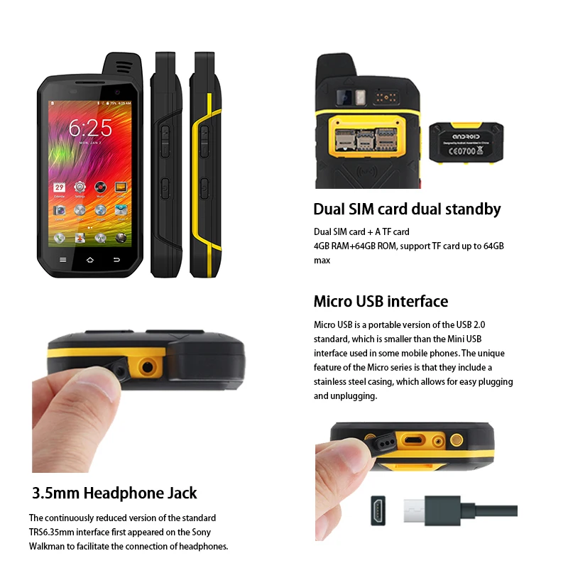 UNIWA B6000 Cellphones Zello PTT Walkie Talkie IP68 Waterproof Smartphone Android 6.0 4GB+64GB 5000mAh  Octa Core SOS Button NFC