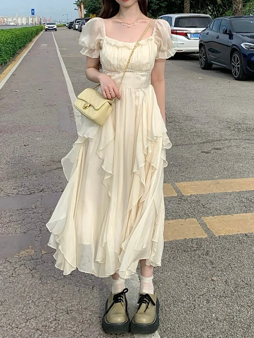 Summer Chiffon Fairy Dress Women Solid Elegant Party Midi Dress Female Casual Sweet Korean Fashion Dress 2023 New Clothes